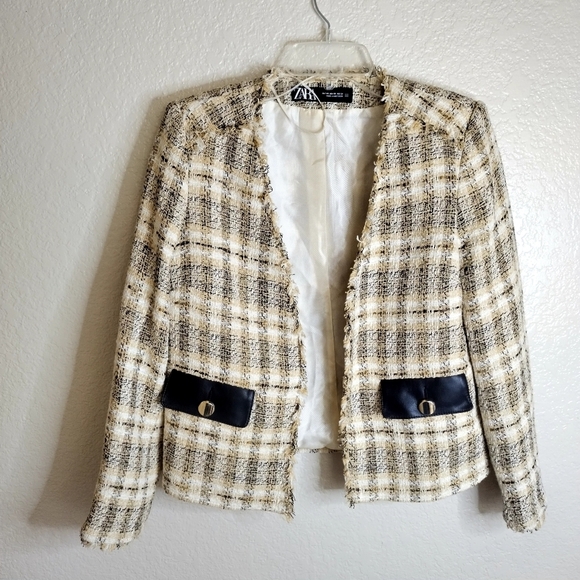 Zara Metallic Fringe Tweed Faux Leather Blazer Sz Xs - Picture 2 of 7